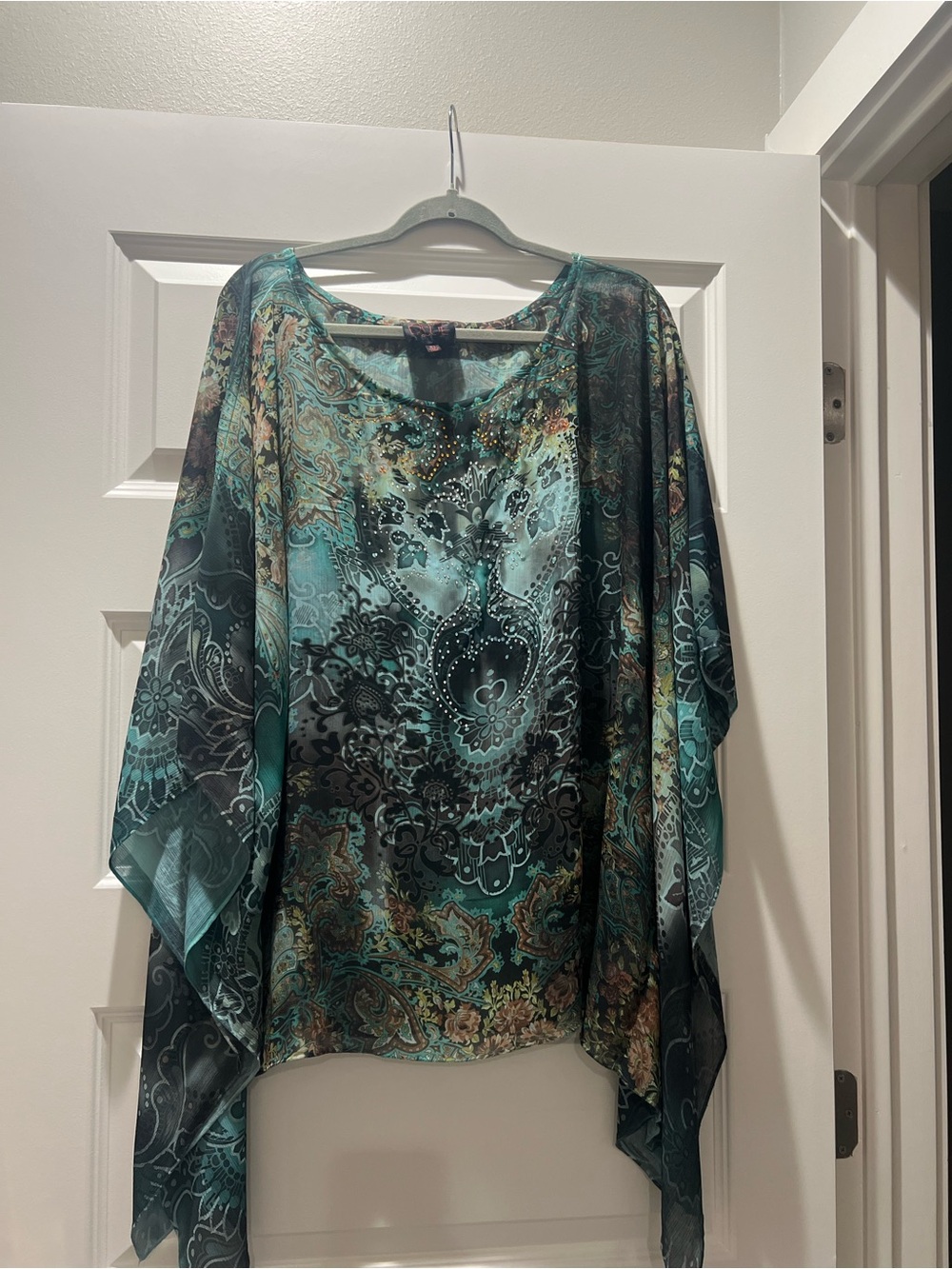 French Bleu XL Embellished Paisley Kaftan Poncho Blouse